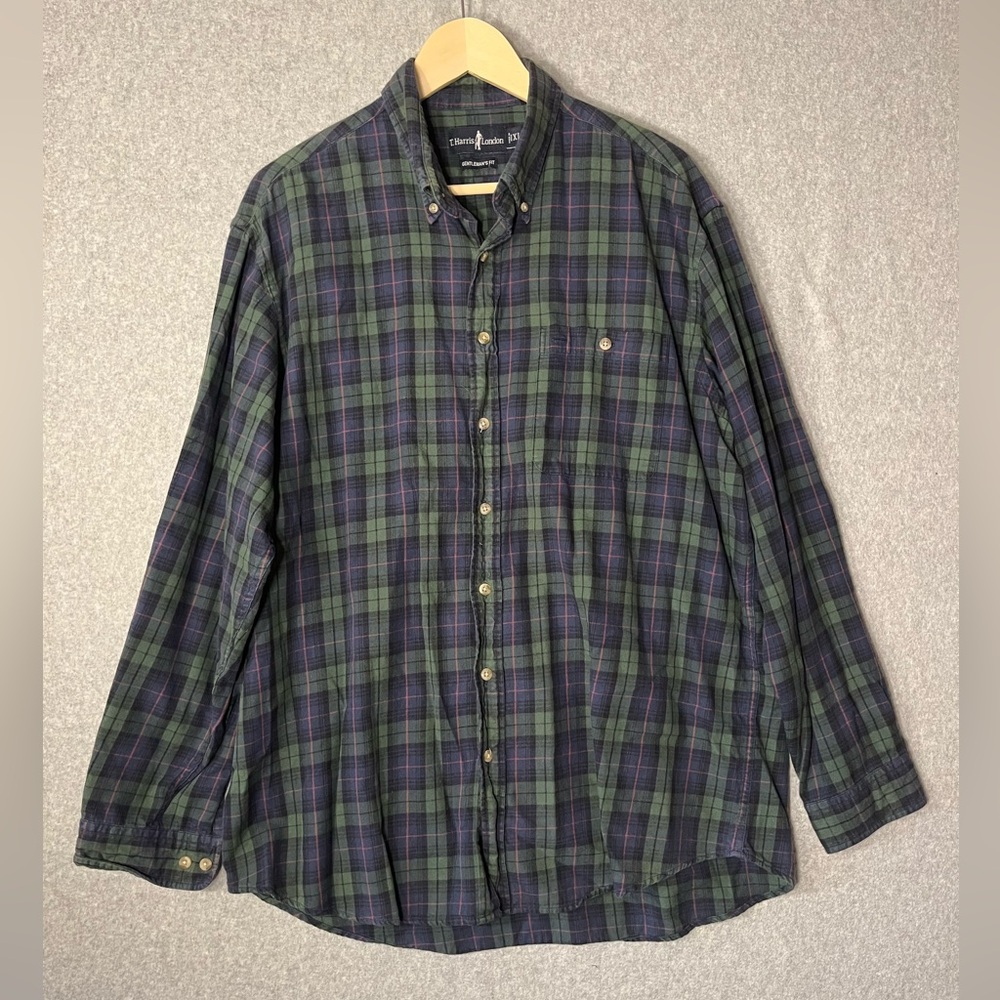T. Harris London Plaid Button Down XL Gentleman's Fit Flannel Blue Green